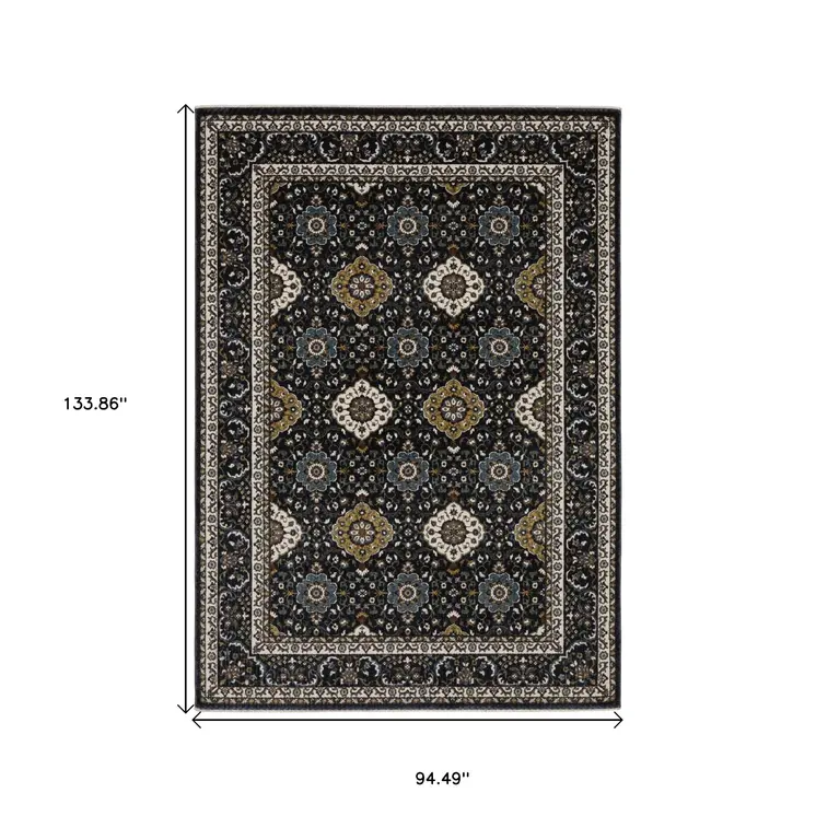 8' X 11' Navy Blue And Gold Medallion Area Rug With Fringe