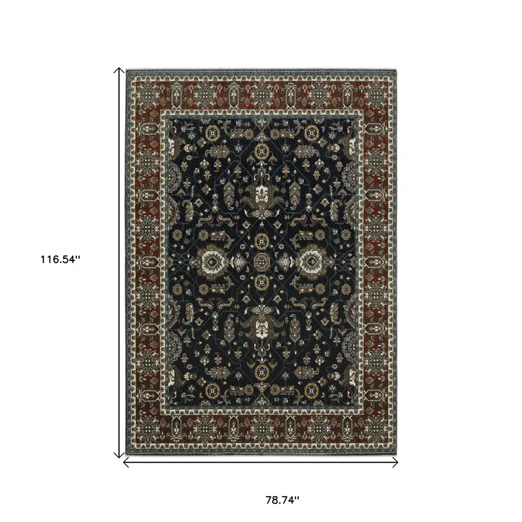 7' X 10' Navy Blue And Rust Oriental Area Rug With Fringe