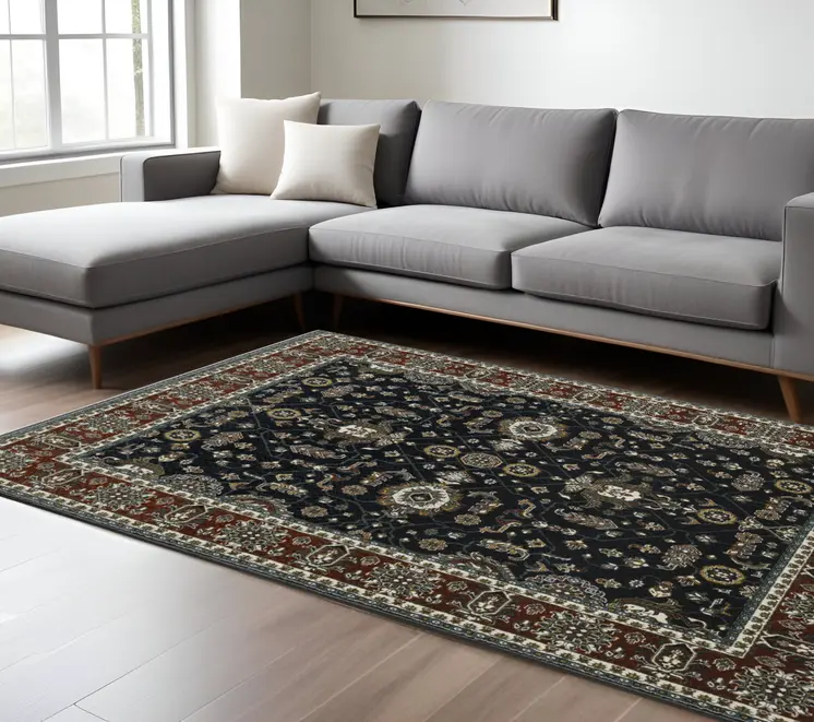 7' X 10' Navy Blue And Rust Oriental Area Rug With Fringe