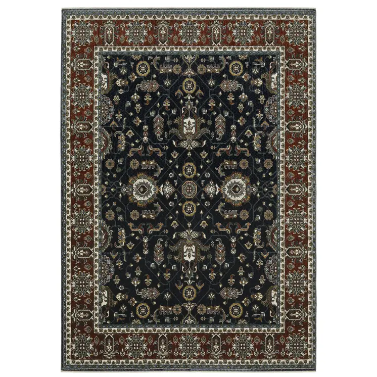 7' X 10' Navy Blue And Rust Oriental Area Rug With Fringe