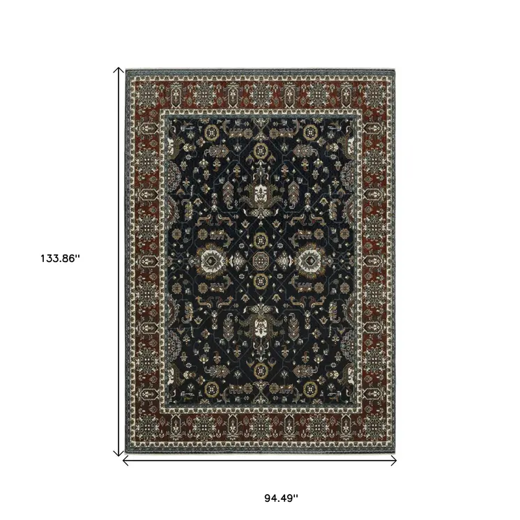 8' X 11' Navy Blue And Rust Oriental Area Rug With Fringe