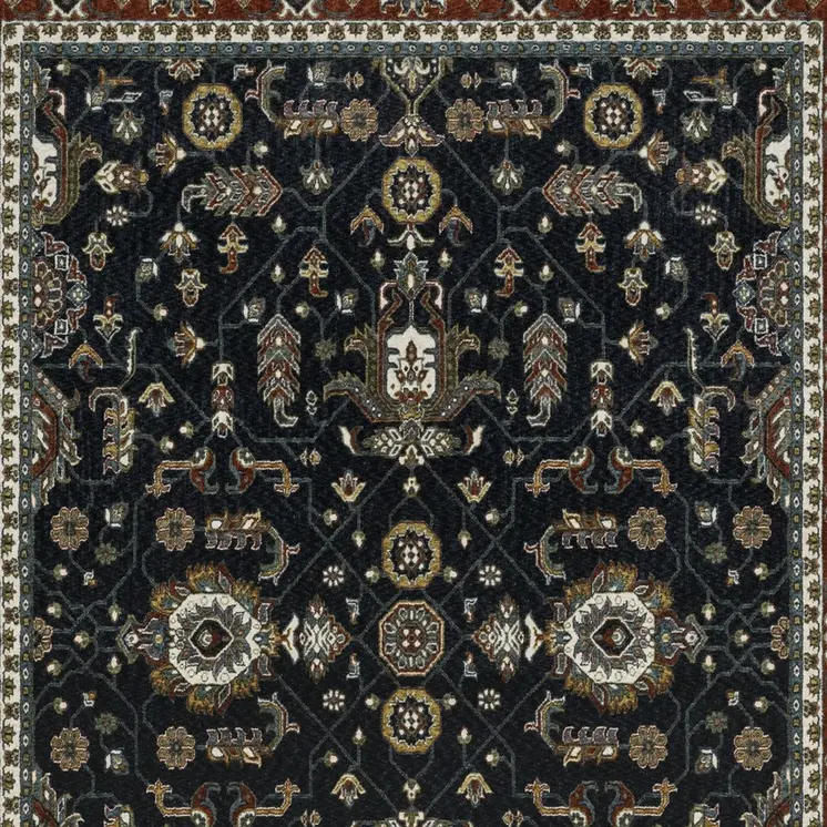 8' X 11' Navy Blue And Rust Oriental Area Rug With Fringe