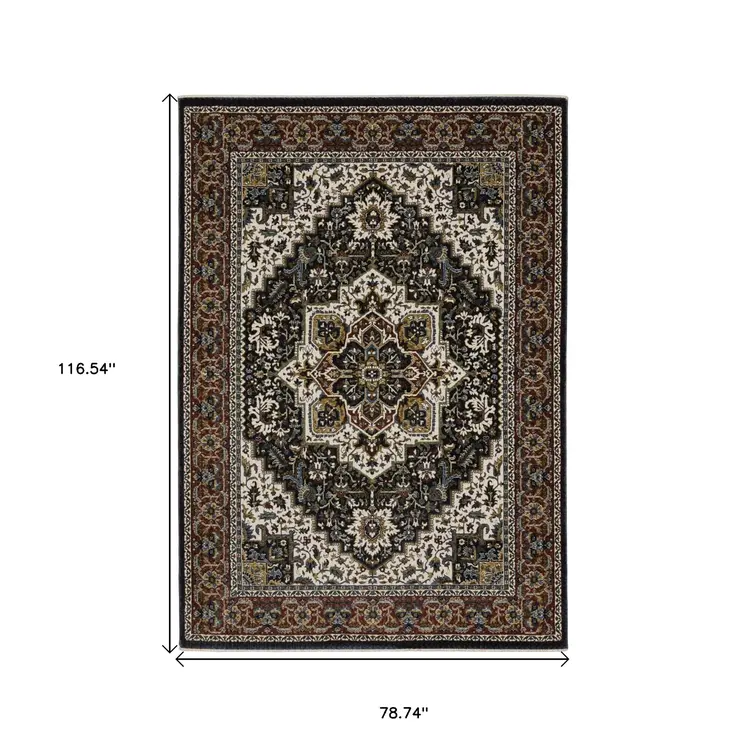 7' X 10' Black White And Red Medallion Area Rug With Fringe