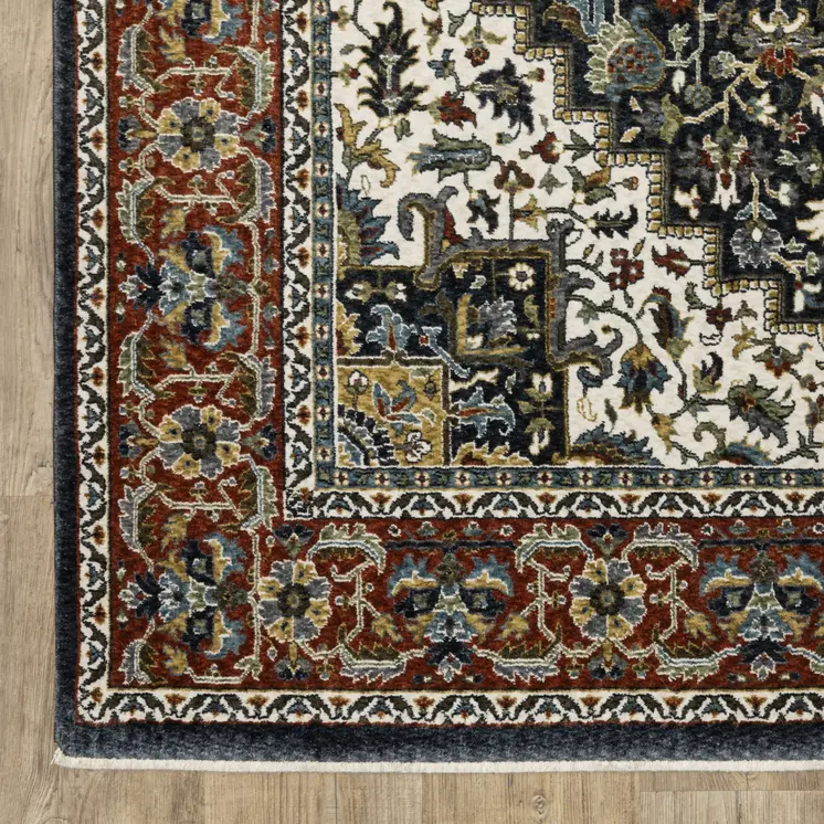 7' X 10' Black White And Red Medallion Area Rug With Fringe