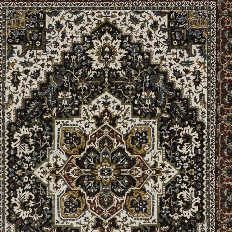 7' X 10' Black White And Red Medallion Area Rug With Fringe