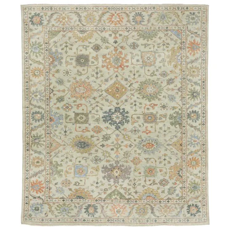 8' X 10' Beige And Green Wool Oriental Hand Knotted Area Rug With Fringe