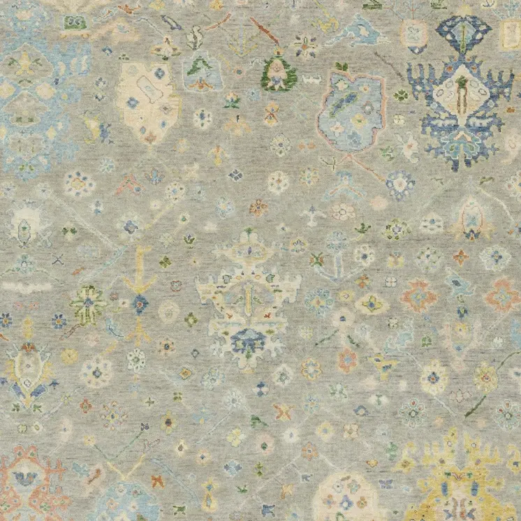 8' X 10' Gray Sky Blue And Yellow Wool Oriental Hand Knotted Area Rug With Fringe