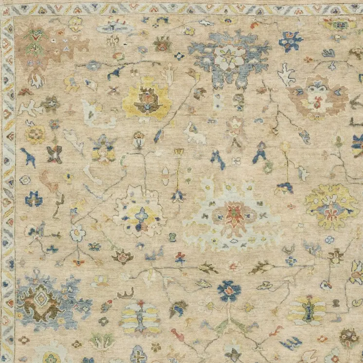 8' X 10' Beige Yellow And Light Blue Wool Oriental Hand Knotted Area Rug With Fringe