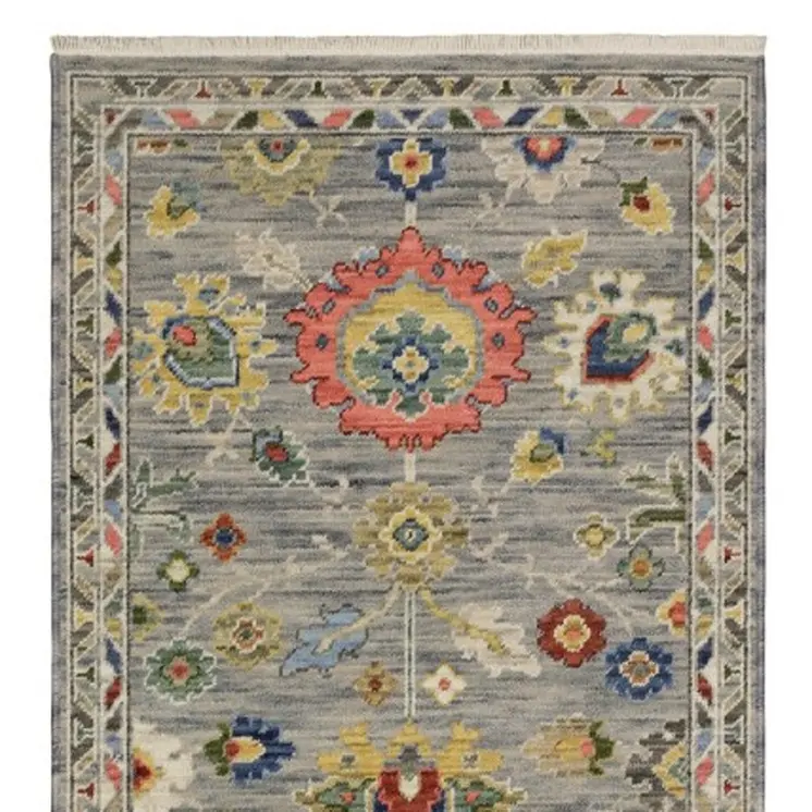 12' Gray Yellow And Blue Oriental Runner Rug With Fringe