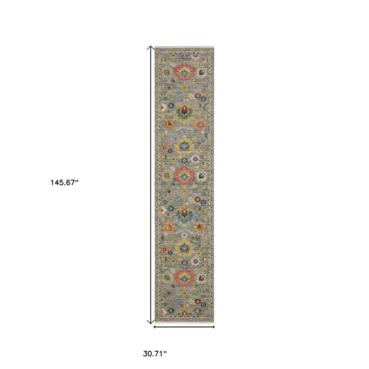 12' Gray Yellow And Blue Oriental Runner Rug With Fringe
