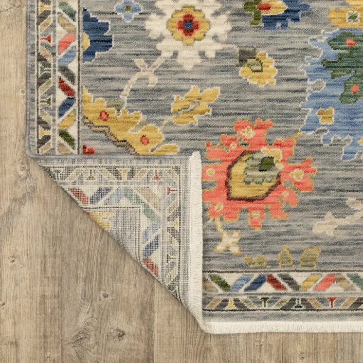 12' Gray Yellow And Blue Oriental Runner Rug With Fringe