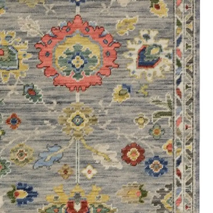 12' Gray Yellow And Blue Oriental Runner Rug With Fringe