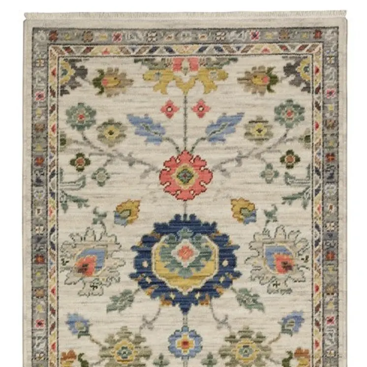 12' Ivory Red And Blue Oriental Runner Rug With Fringe