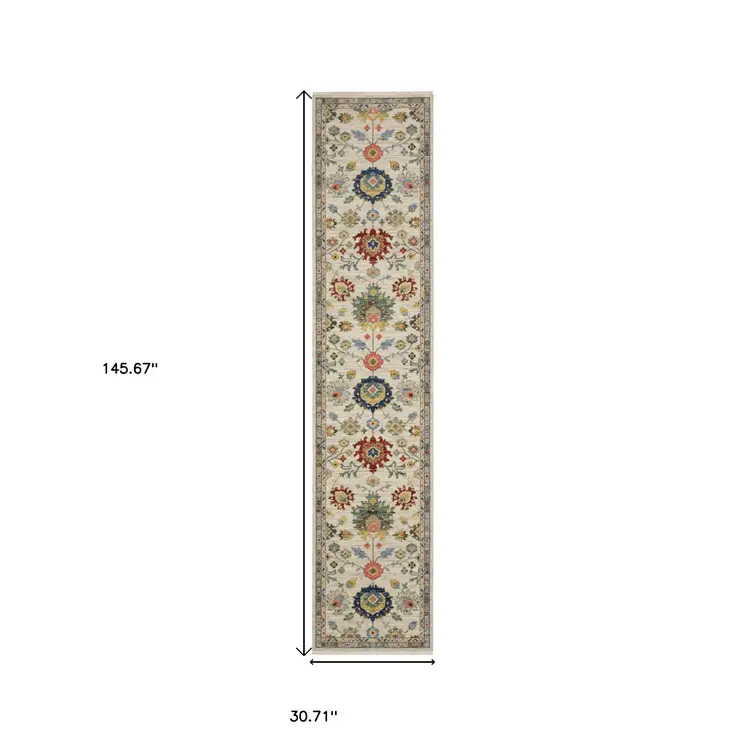 12' Ivory Red And Blue Oriental Runner Rug With Fringe