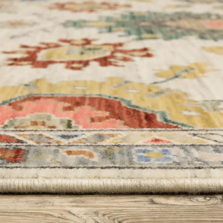 12' Ivory Red And Blue Oriental Runner Rug With Fringe