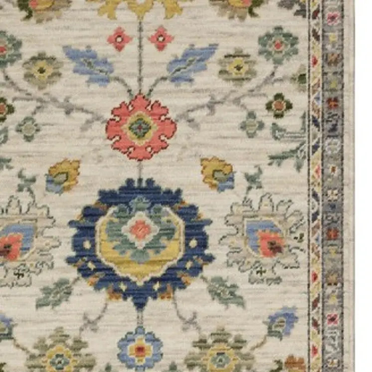 12' Ivory Red And Blue Oriental Runner Rug With Fringe