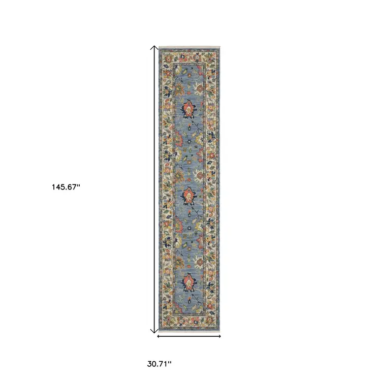 12' Blue Orange And Yellow Oriental Runner Rug With Fringe