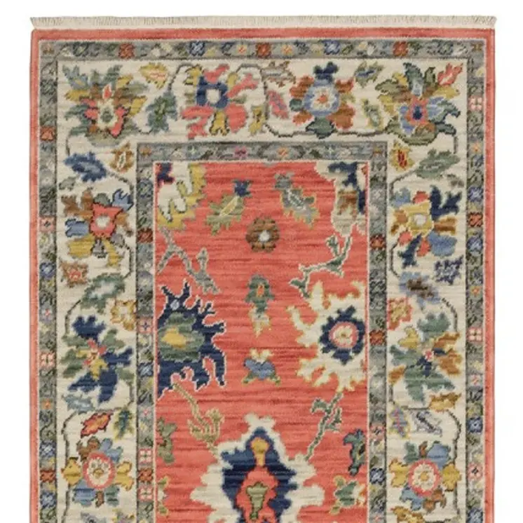 12' Salmon Blue And Yellow Oriental Runner Rug With Fringe