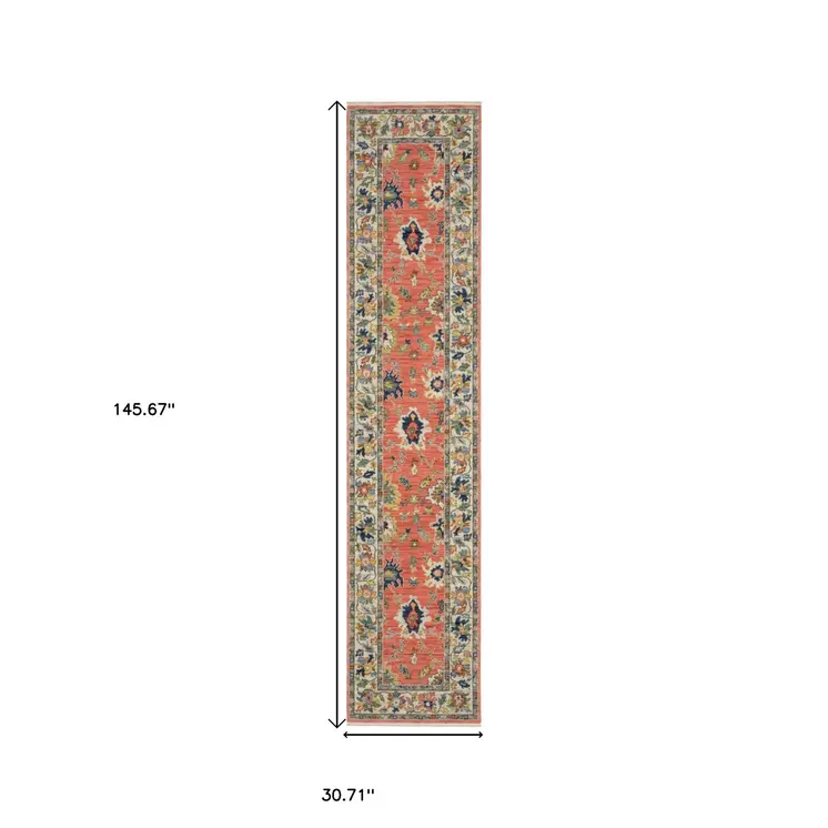 12' Salmon Blue And Yellow Oriental Runner Rug With Fringe
