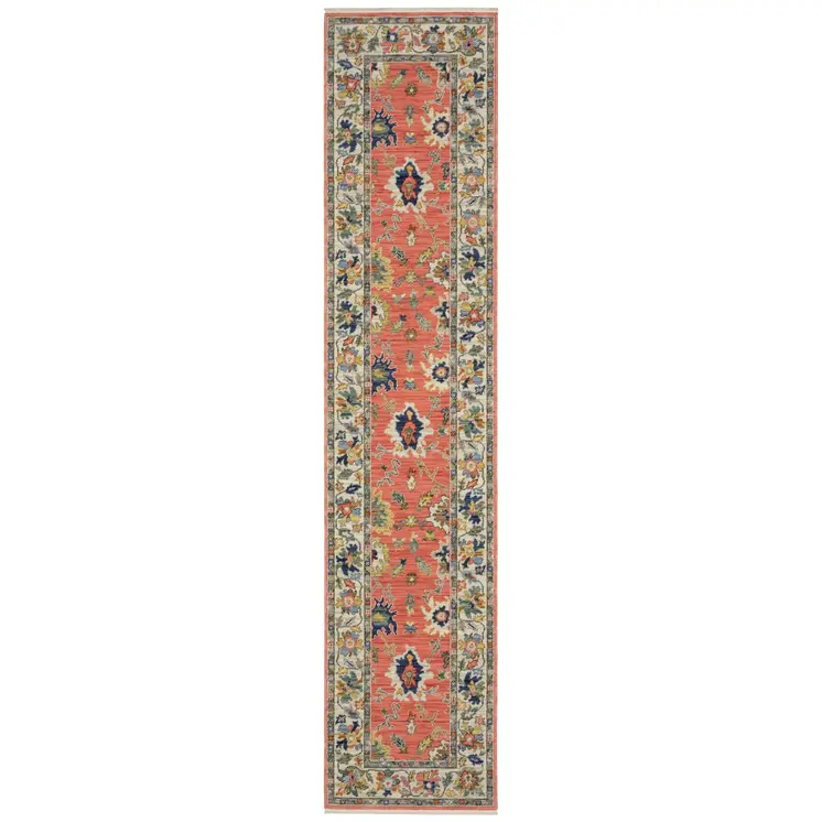 12' Salmon Blue And Yellow Oriental Runner Rug With Fringe