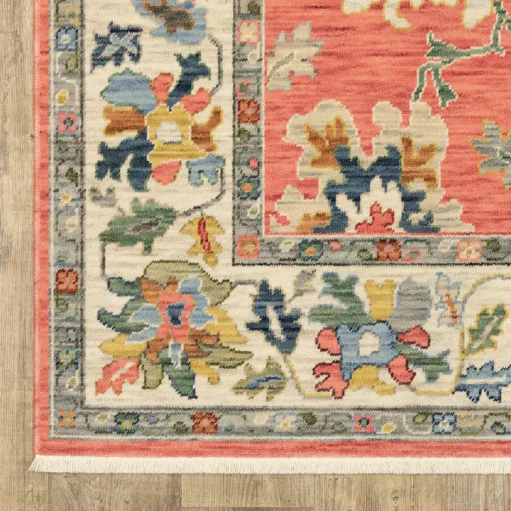12' Salmon Blue And Yellow Oriental Runner Rug With Fringe
