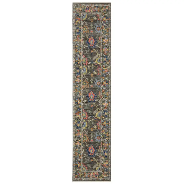 12' Gray Orange And Yellow Oriental Runner Rug With Fringe