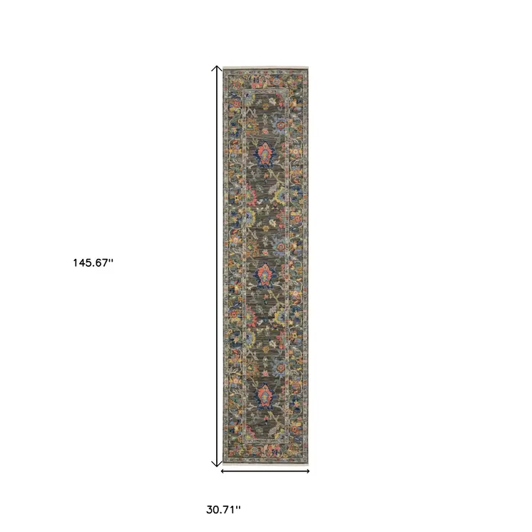 12' Gray Orange And Yellow Oriental Runner Rug With Fringe