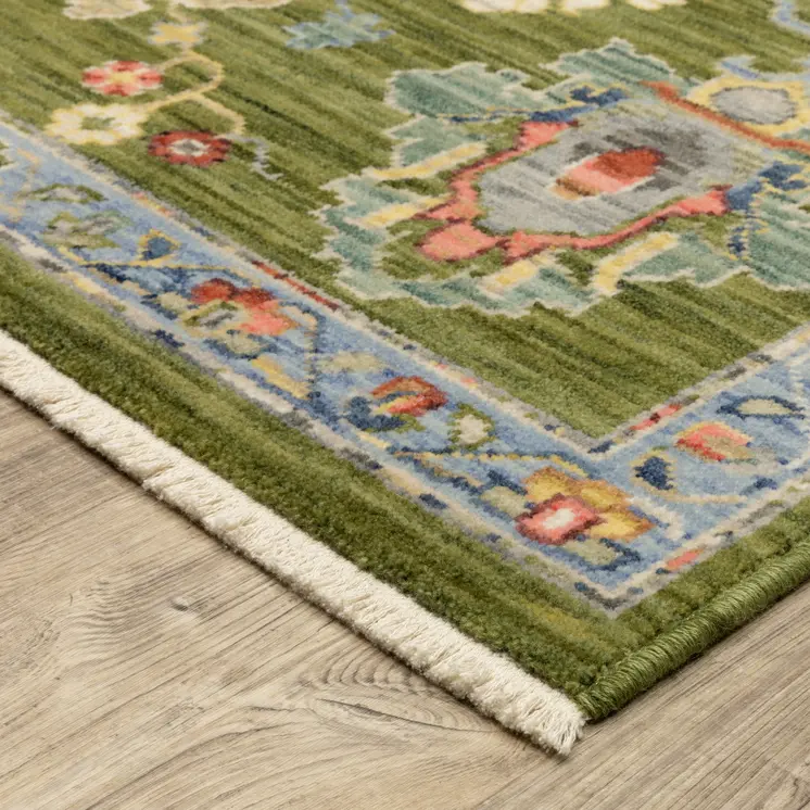 12' Green Yellow And Ivory Oriental Runner Rug With Fringe