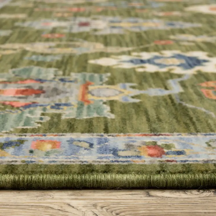 12' Green Yellow And Ivory Oriental Runner Rug With Fringe