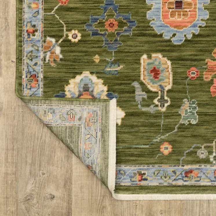 12' Green Yellow And Ivory Oriental Runner Rug With Fringe