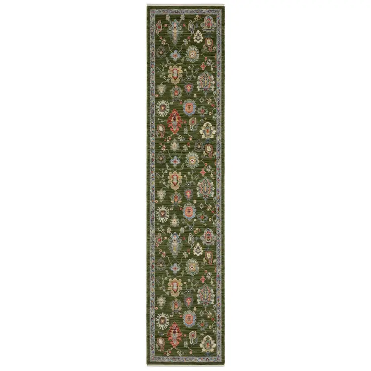 12' Green Yellow And Ivory Oriental Runner Rug With Fringe