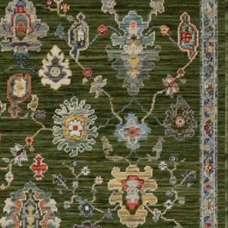 12' Green Yellow And Ivory Oriental Runner Rug With Fringe
