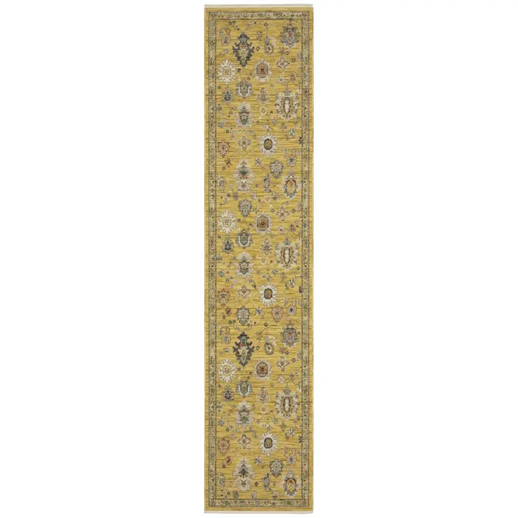 12' Yellow Black And Ivory Oriental Runner Rug With Fringe