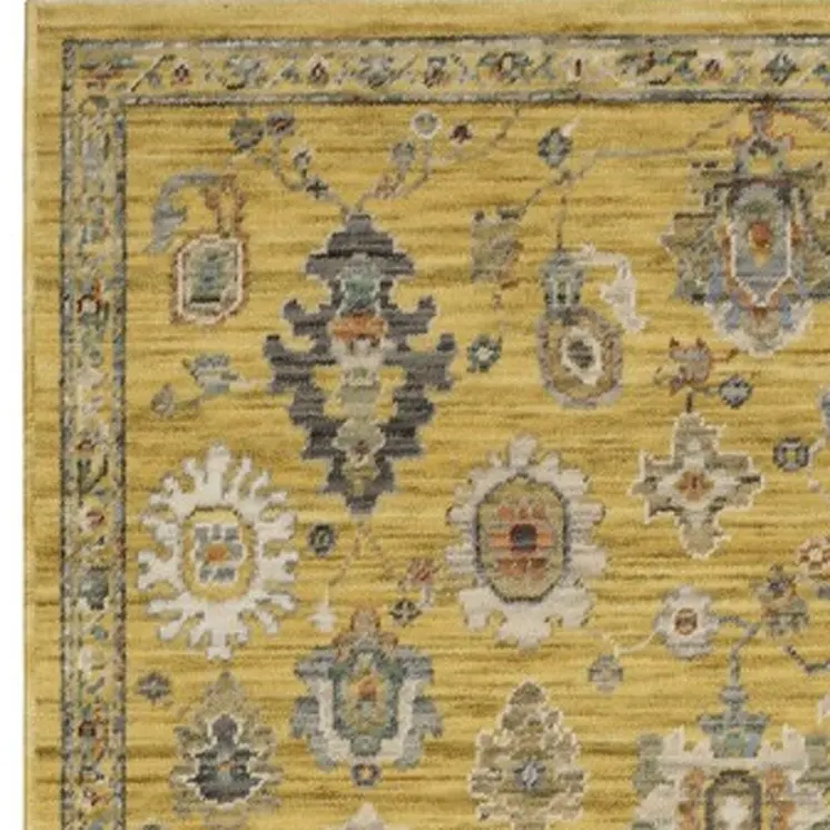 12' Yellow Black And Ivory Oriental Runner Rug With Fringe