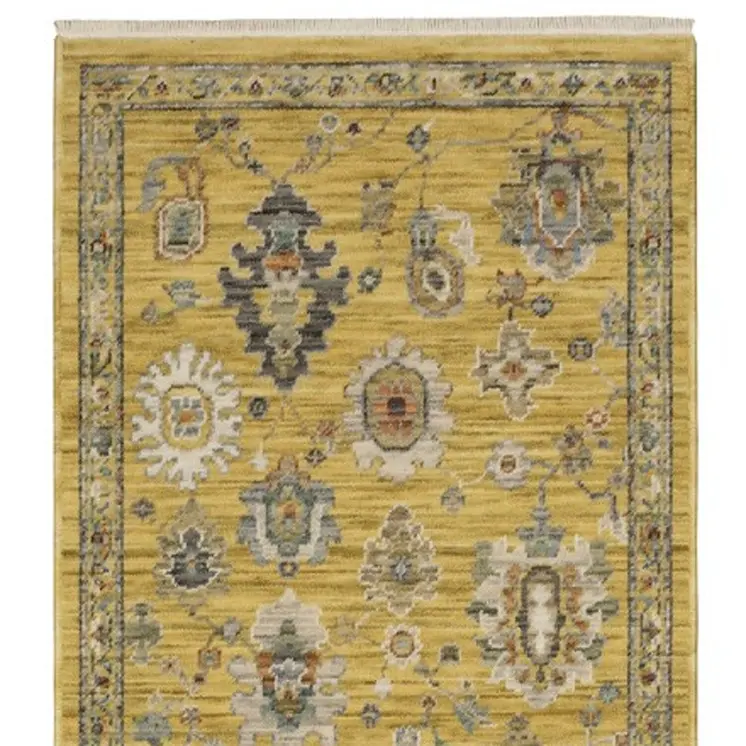 12' Yellow Black And Ivory Oriental Runner Rug With Fringe