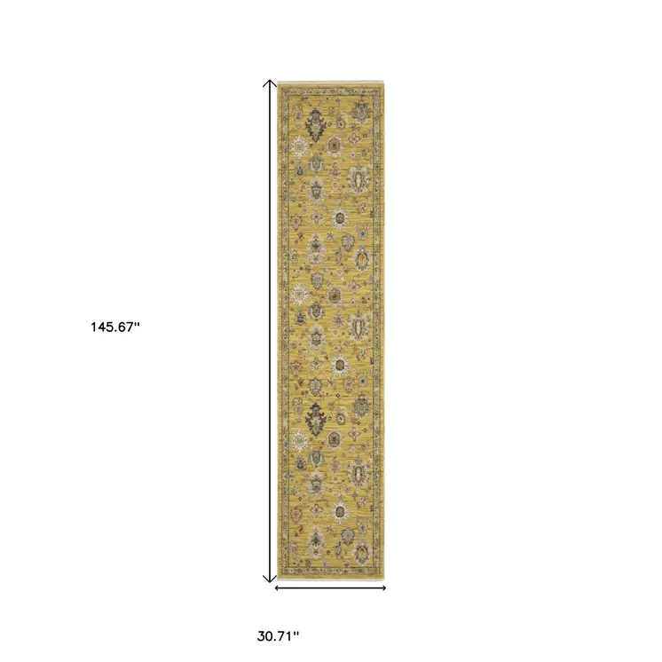 12' Yellow Black And Ivory Oriental Runner Rug With Fringe