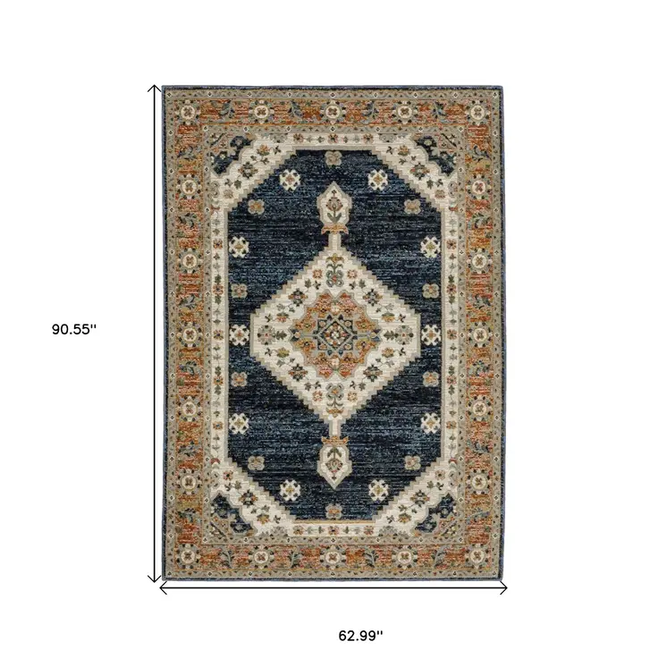 5' X 7' Blue And Orange Medallion Area Rug