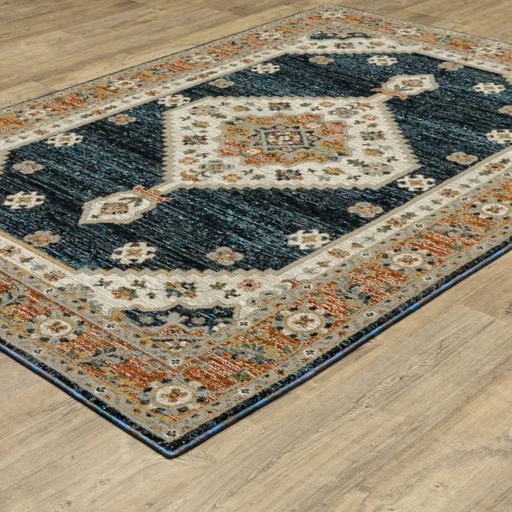 5' X 7' Blue And Orange Medallion Area Rug