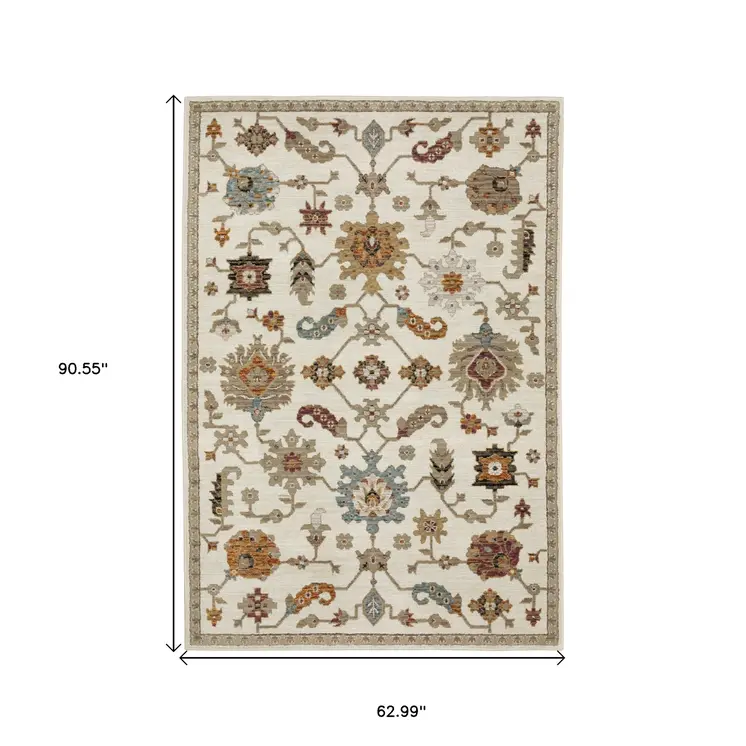 5' X 7' Ivory Gray And Black Oriental Area Rug