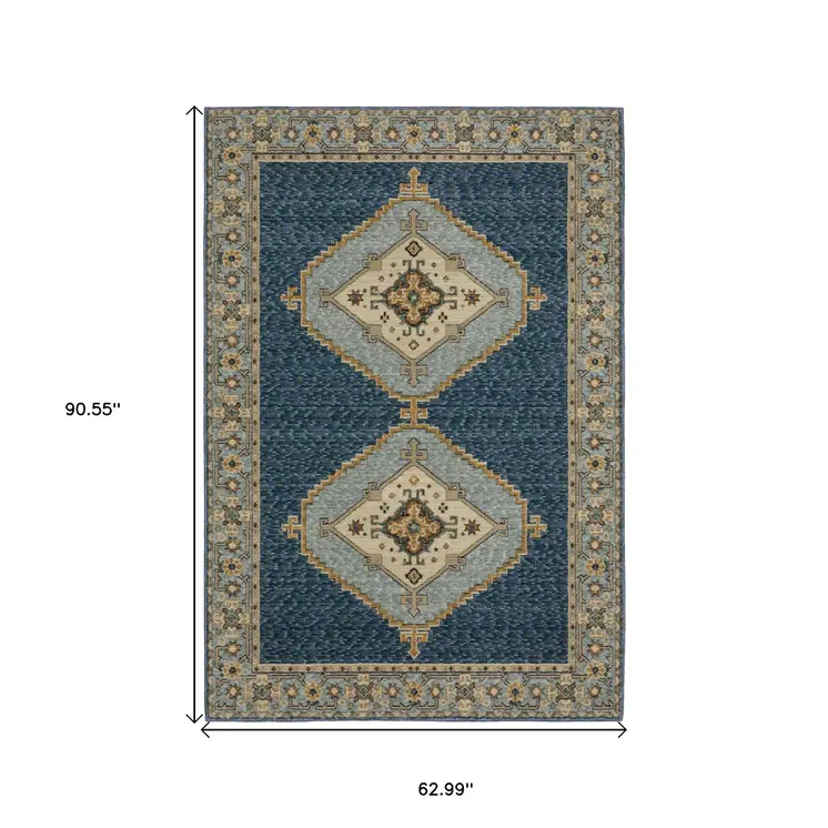 5' X 7' Blue And Gold Medallion Area Rug