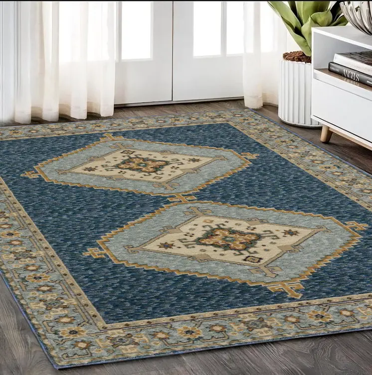5' X 7' Blue And Gold Medallion Area Rug