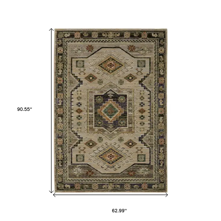 5' X 7' Gray And Green Tribal Area Rug