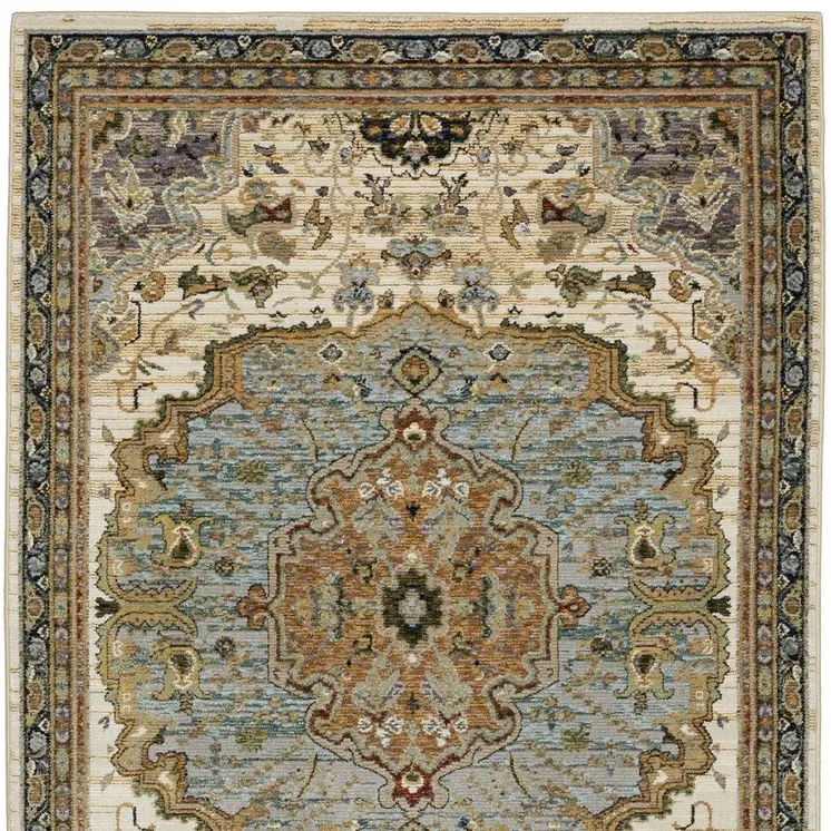 5' X 7' Ivory And Blue Oriental Area Rug