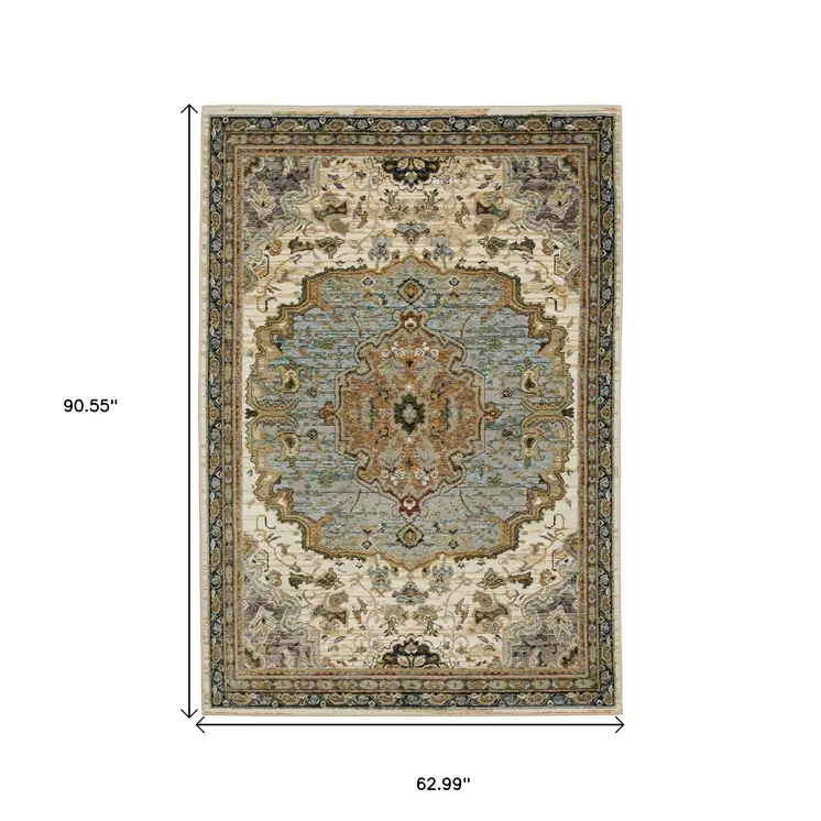 5' X 7' Ivory And Blue Oriental Area Rug
