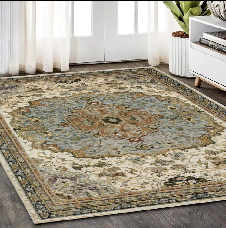 5' X 7' Ivory And Blue Oriental Area Rug