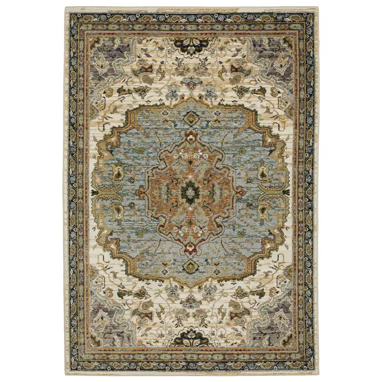 5' X 7' Ivory And Blue Oriental Area Rug
