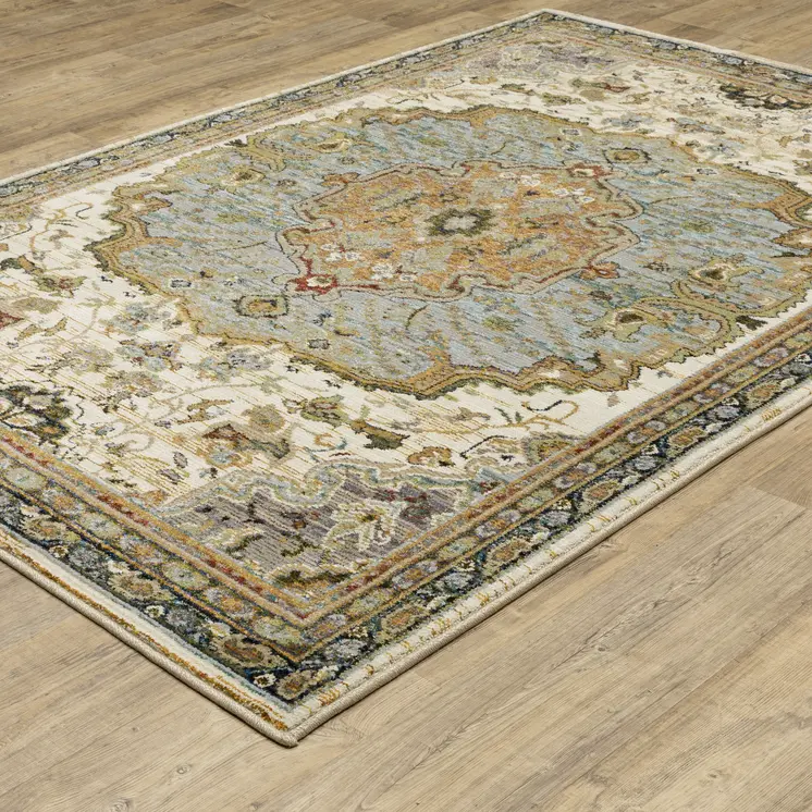 5' X 7' Ivory And Blue Oriental Area Rug