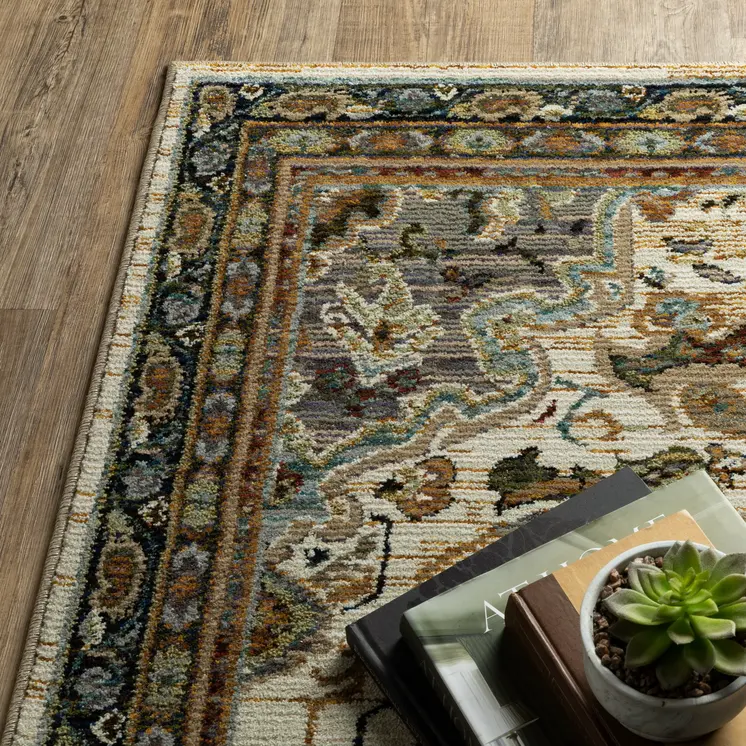 5' X 7' Ivory And Blue Oriental Area Rug