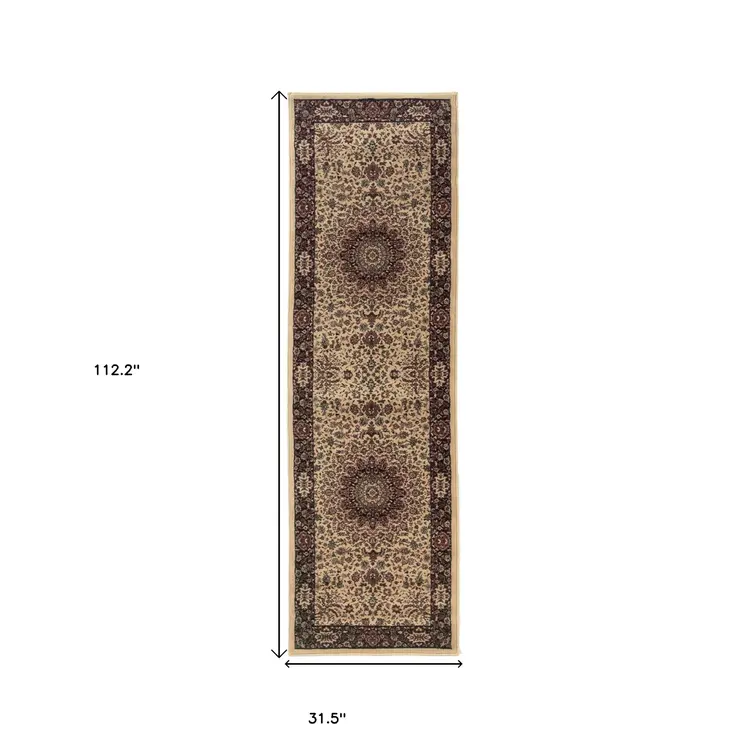 9' Ivory And Black Oriental Runner Rug