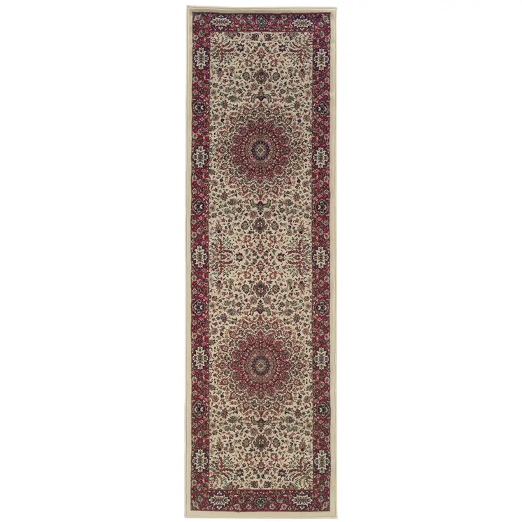 9' Ivory And Red Oriental Runner Rug